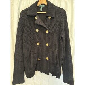 Lauren Ralph Knit Cotton Gold Button Double Breasted Cardigan Jacket Pet Large